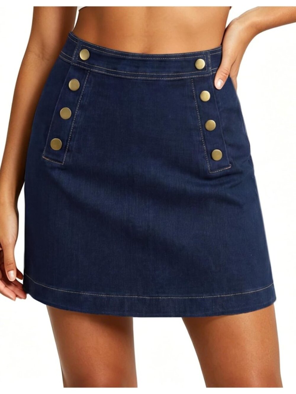 Women's Navy Blue High Waisted Button-Front Back Patch Pocket Denim Mini Skirts